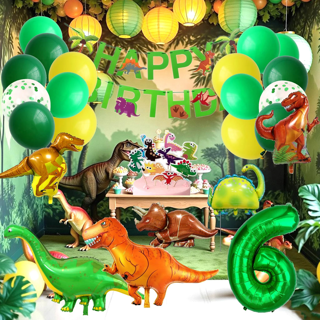 Dinosaur Birthday Party Supplies for Kids Age 2-6, Foil Balloons Set with Banner, Cake Topper, Decorations Kit (Boys & Girls)
