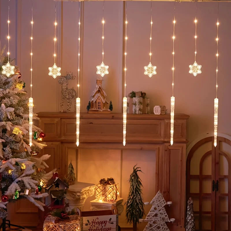 LED Christmas Icicle Snowflake Curtain Lights Indoor & Outdoor, USB Supply + Remote Control, 8 Light Modes, Easy Plug-and-Play