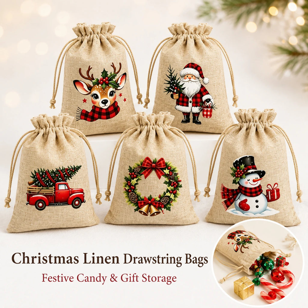 5/20/50PCS Reusable Christmas Drawstring Pouches 5 Festive Linen Look Bags for Candy, Cookies Gift Wrapping and Party Favors Gif