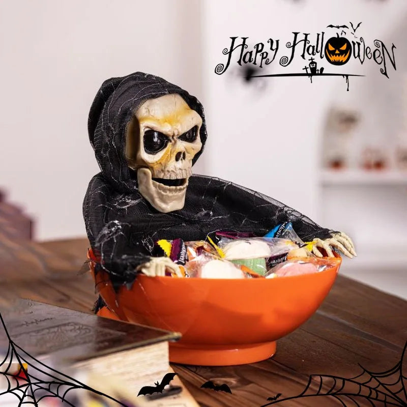 Halloween Skeleton Hand Candy Bowl with Light Up Red Eyes Spooky Sound Effects for Haunted House Party Decoration  ﻿