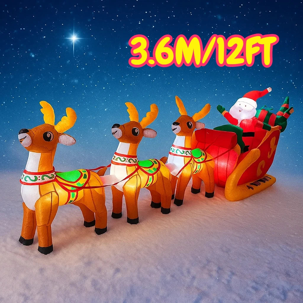 3.6M/12FT Santa Claus Reindeer Sleigh Christmas Decorations Home Inflatable Toys with LED Lights Yard Xmas Party Diy Decor