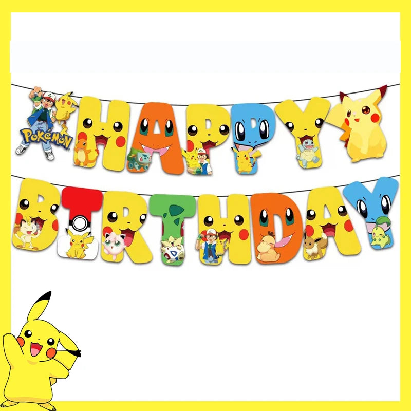 Pokemon Birthday Party Decoration Pikachu Disposable Tableware Cup Napkin Plate Tablecloth Baby Shower Cake Topper Flag Balloons