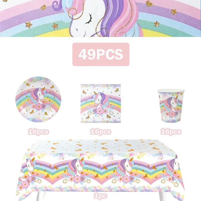 Unicorn Girls Birthday Decoration Party Supplies Unicorn Theme Tableware Set Cup Plate Balloon Banner Gift  for Kids Party Favor