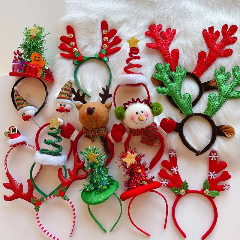 10PCS Christmas Decorations For Home Snowman Christmas Tree Bow Deer Horn Headband With Light Girl Children Party Headband