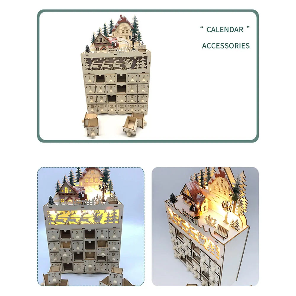 Advent Calendars Christmas Wooden Advent Calendar LED Lighted Village House Countdown Ornament with Drawers Box Decor Gift