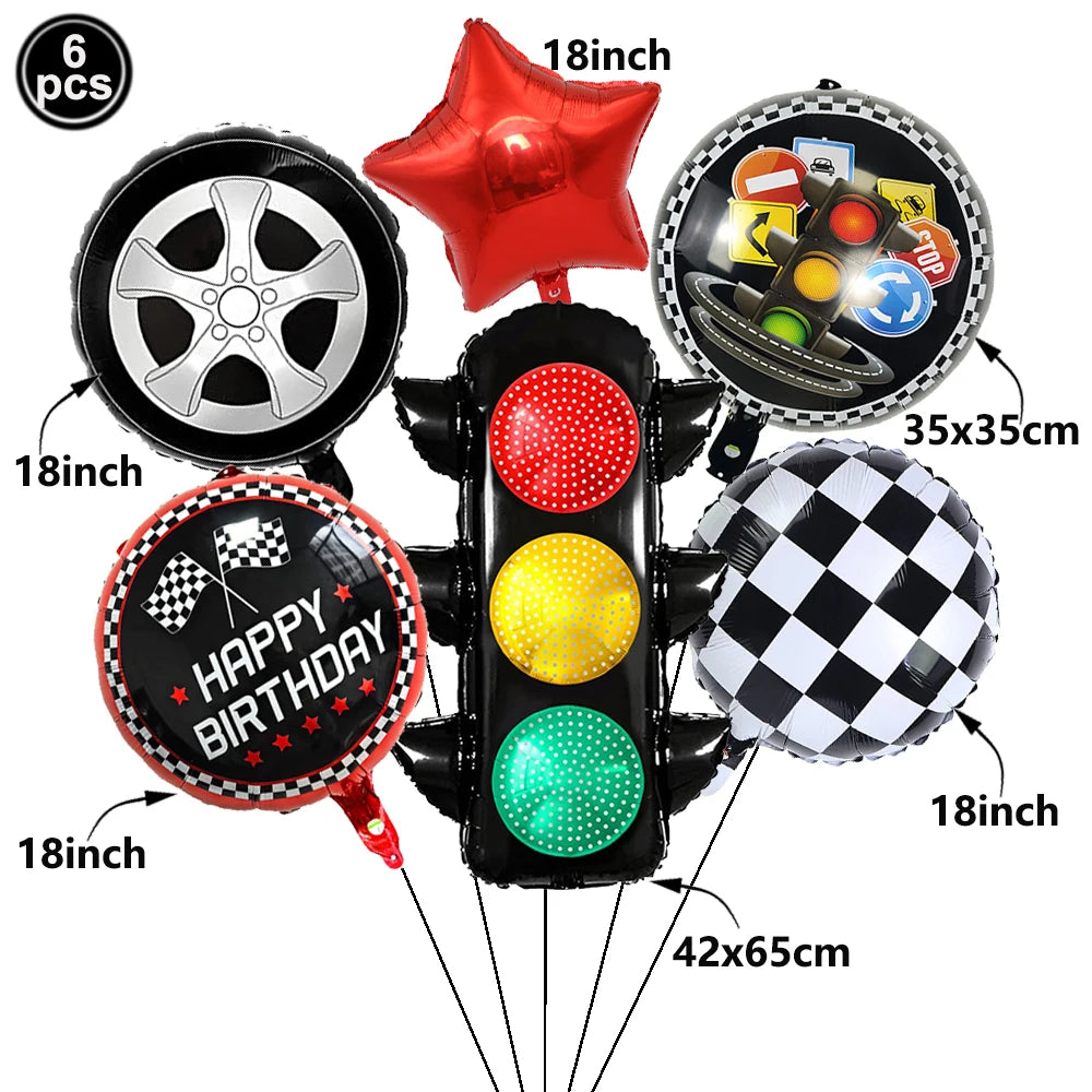 Racing Car Balloon Traffic Cone Balloon Tire Wheel Balloons Black White Checkered Race car Theme Kids Birthday party Decorations