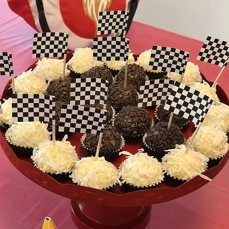 Wheel Racing Car Party Cake Decor Tire Cupcake Topper Mini Checkered Racing Flag Cupcake Toppers Racing Theme Party Supplies