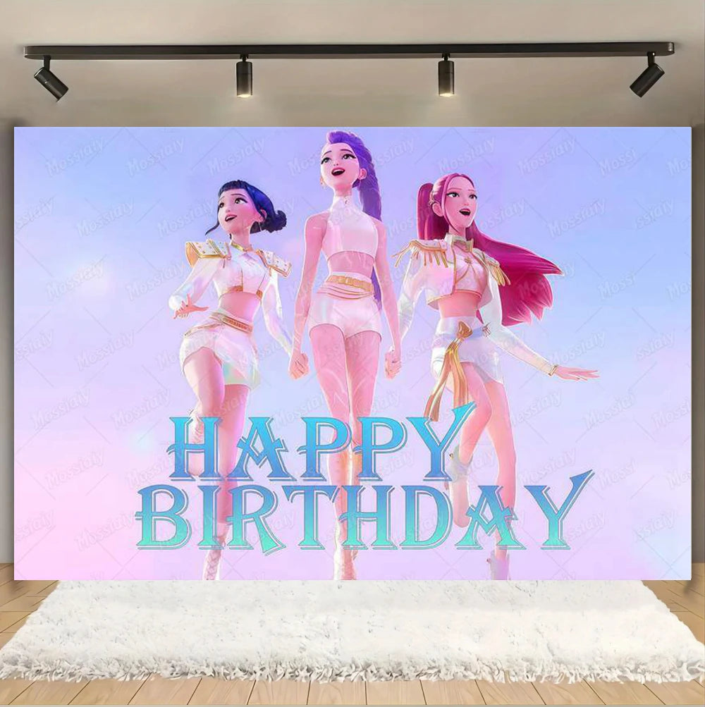 Kpop Theme Girl's Birthday Party Decoration Backdrop Pink Demons Kids Birthday Party Supplies Decor Banner Background Photo Prop