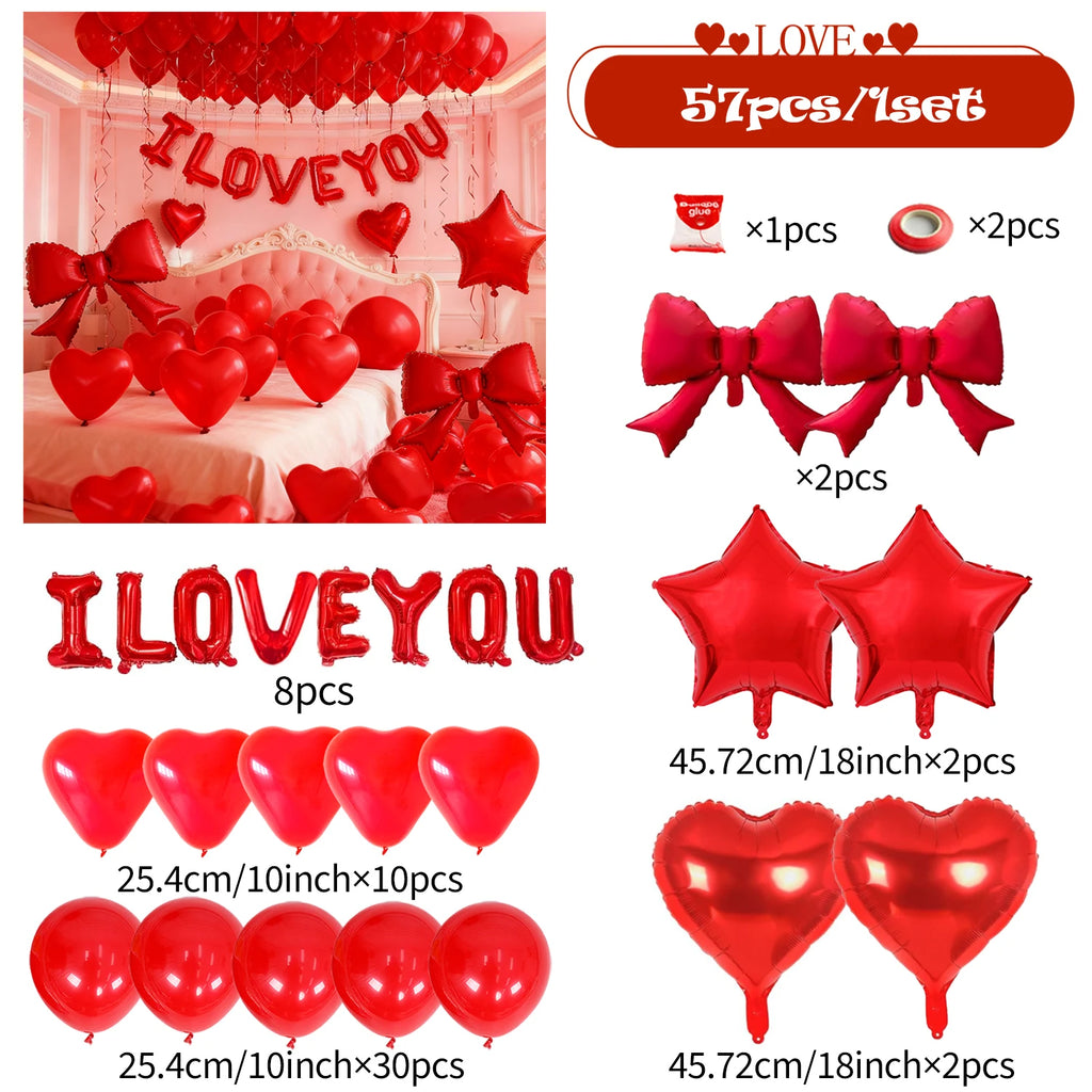 57 Pcs I LOVE YOU Balloon Set with Red Bow Star Aluminum Balloon Valentine's Day Wedding Anniversary Birthday Party Decoration