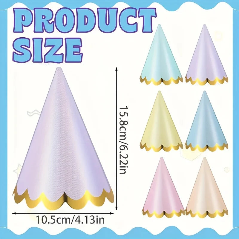6pcs Elegant Themed Party Hats with Golden Ruffled Edges - Pastel Colors, Perfect for Weddings, Birthdays, Bridal Showers & More