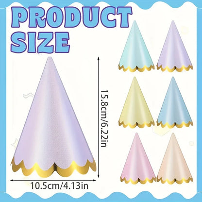 6pcs Elegant Themed Party Hats with Golden Ruffled Edges - Pastel Colors, Perfect for Weddings, Birthdays, Bridal Showers & More