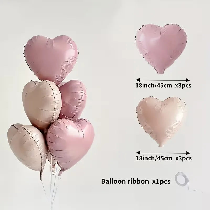 7Pcs 18" Cream Pink Heart Star Foil Balloons with Ribbon for Wedding, Birthday & Party Decor