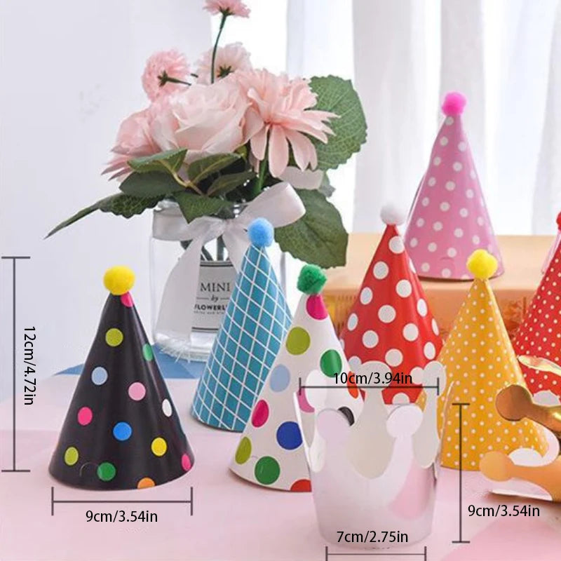 11Pcs/Bag Happy Birthday Party Hats Polka Dot DIY Handmade Cap Crown Baby Shower Decoration Boy Girl Birthday Party Photo Props