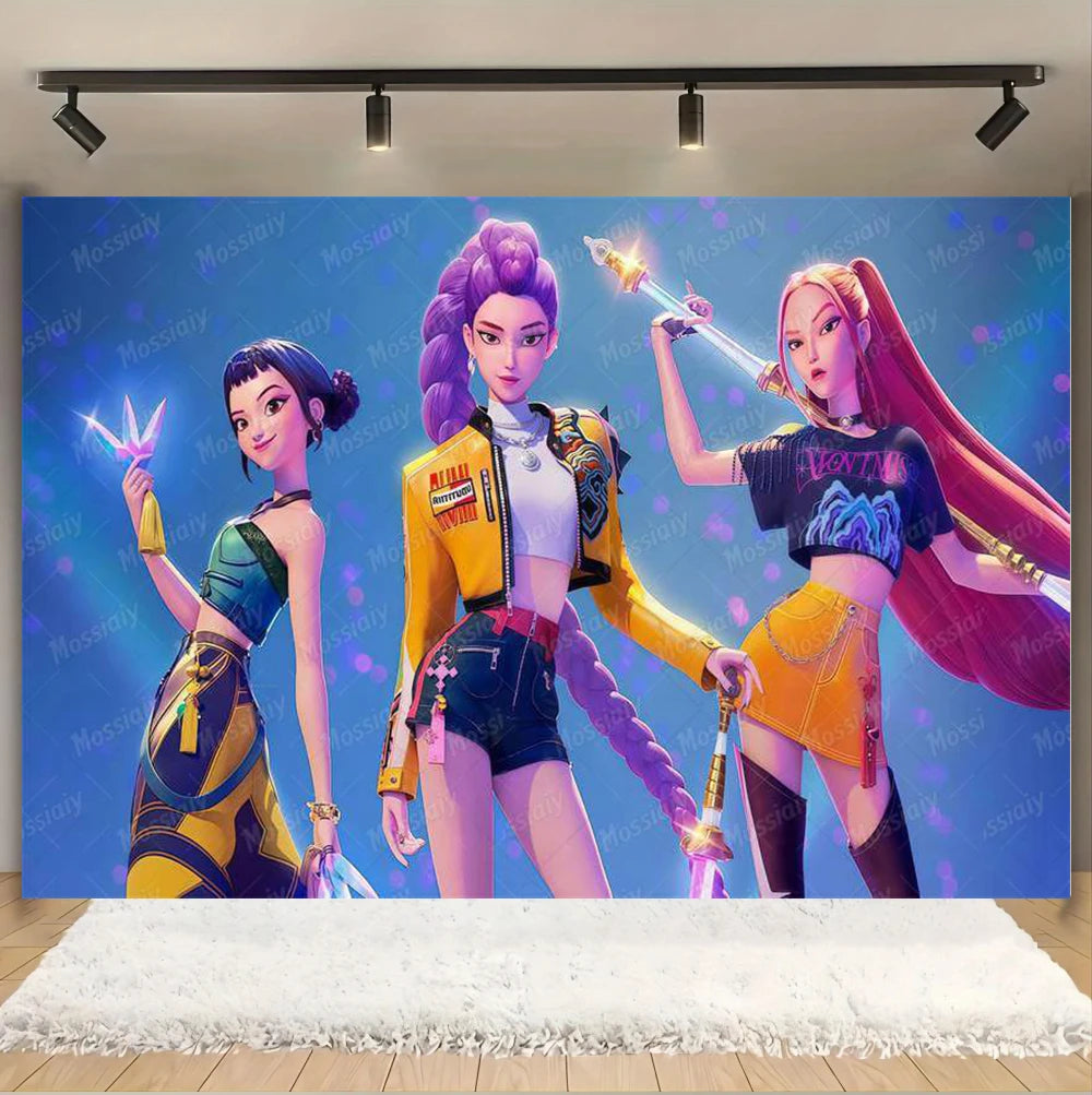 Kpop Theme Girl's Birthday Party Decoration Backdrop Pink Demons Kids Birthday Party Supplies Decor Banner Background Photo Prop
