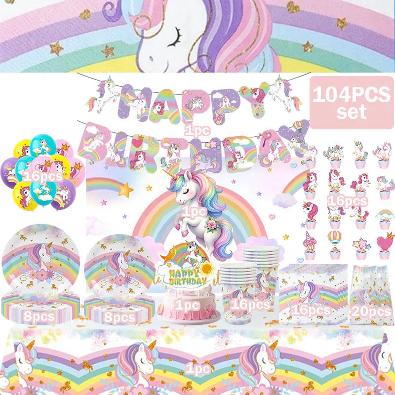 Unicorn Girls Birthday Decoration Party Supplies Unicorn Theme Tableware Set Cup Plate Balloon Banner Gift  for Kids Party Favor