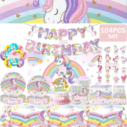 Unicorn Girls Birthday Decoration Party Supplies Unicorn Theme Tableware Set Cup Plate Balloon Banner Gift  for Kids Party Favor