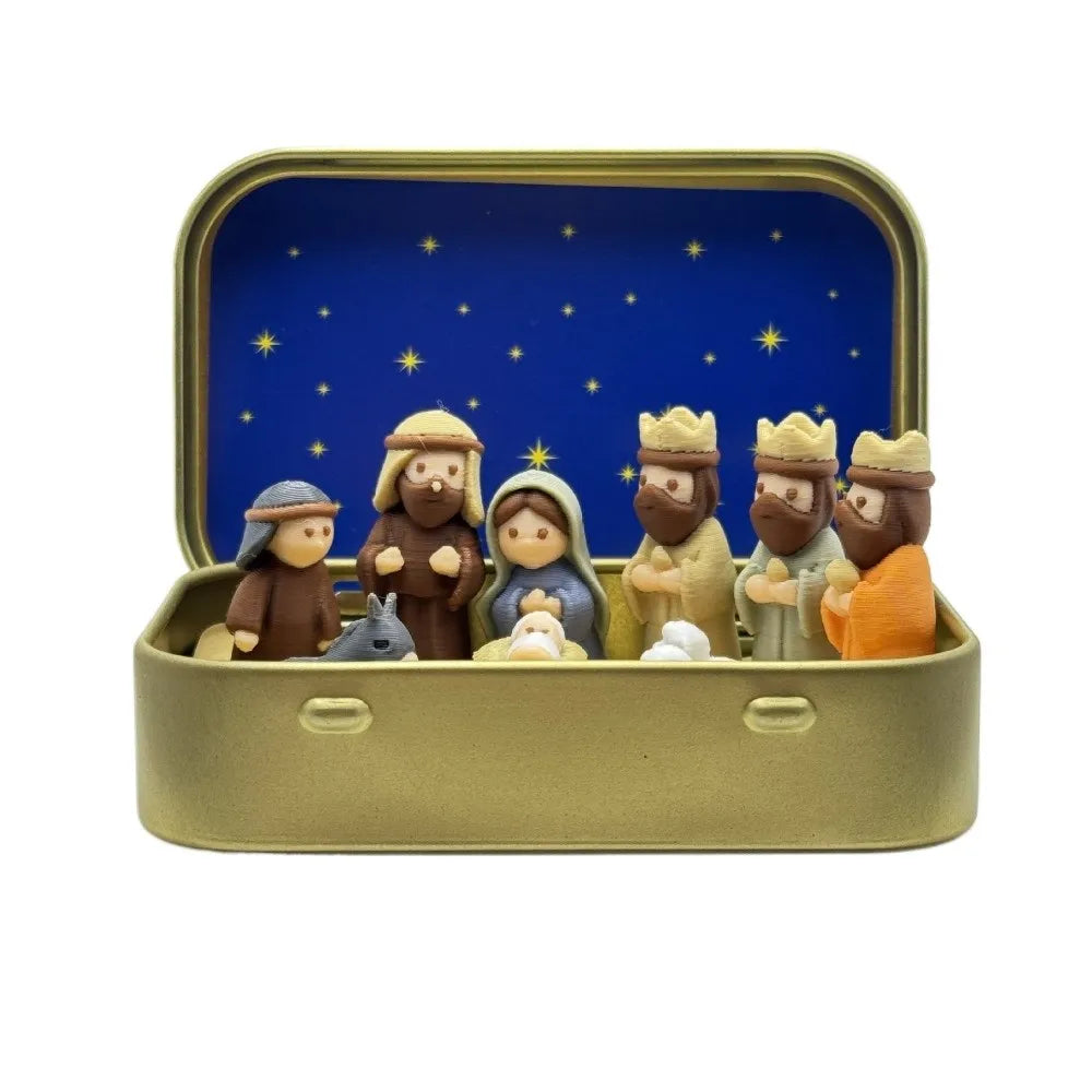 Christmas Nativity Scene Figurines in Metal Tin Box Mini Jesus Birth Set Religious Xmas Gift for Home Table Decor