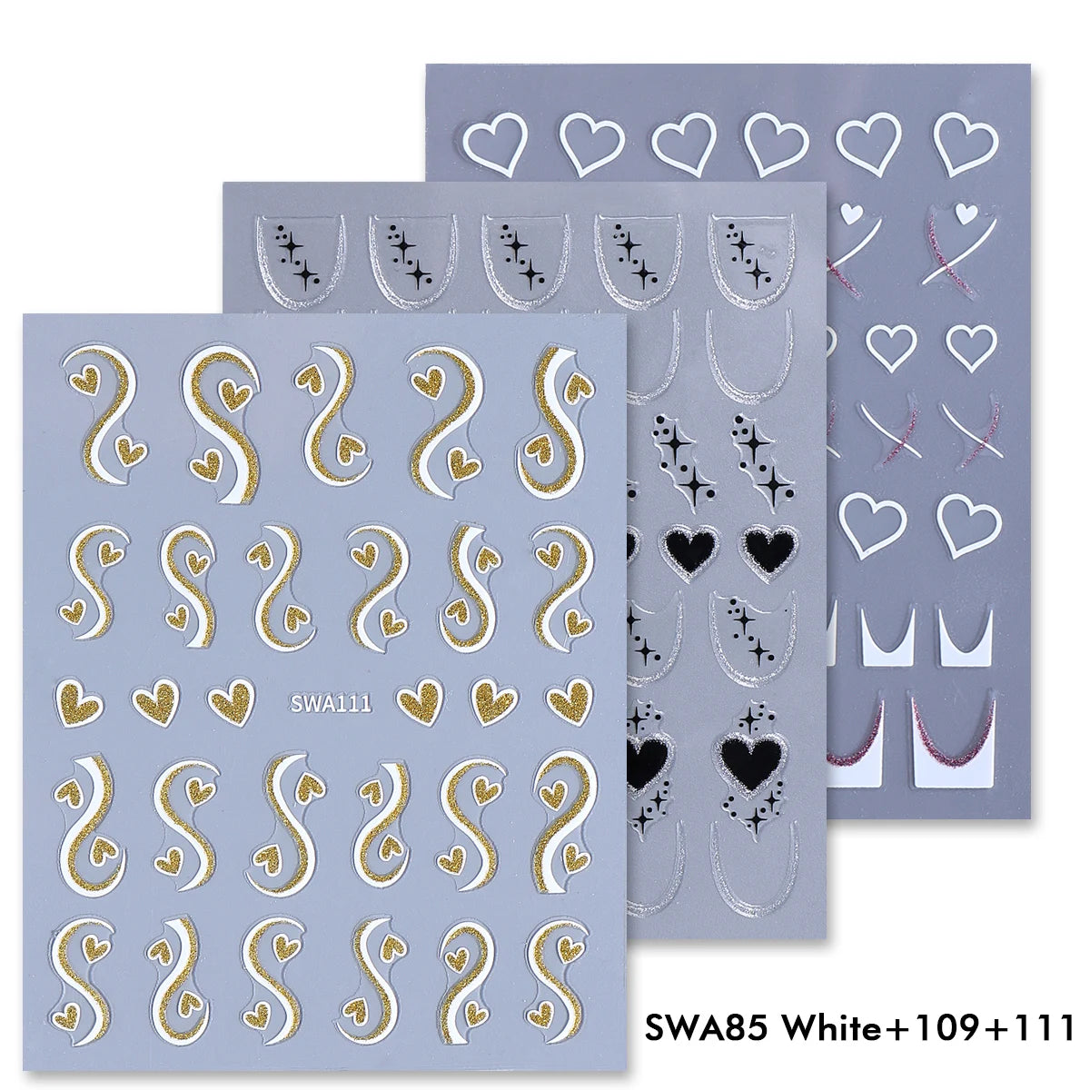 3pcs Valentine's Day Nail Art Stickers 3D Black White Pink Lines Love Heart Nail Decals DIY Adhesive Slider Manicure Decorations