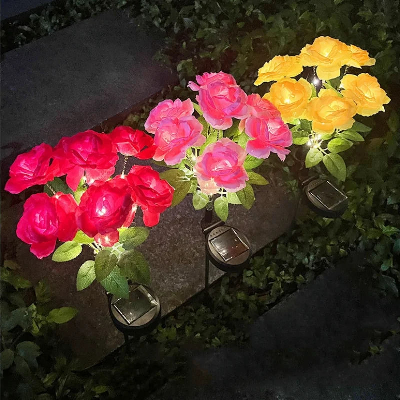 7-Head Solar-Powered LED Rose Lights Flower Garden Decor Outdoor Pathways Landscaping Light Lawn Decorative Atmosphere Lights