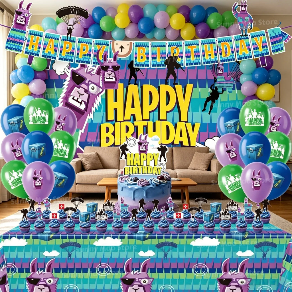 Fortnite Birthday Party Decoration Set for Boys Balloons Banner Cake Topper Tablecloth Backdrop Baby Shower Cartoon Alpaca Decor