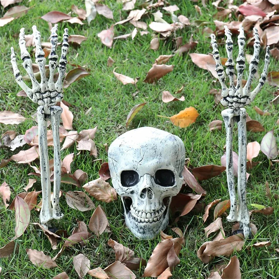 Halloween Decor Skeleton Head Outdoor Scary Props Realistic Skull Hands Yard Prank Festivals Party Supplies Garden Decorations