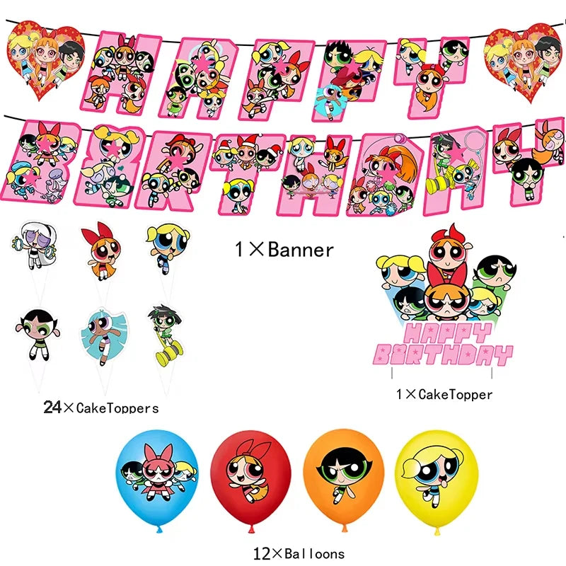 Cartoon Powerpuff Girls 1-9th Birthday Party Balloon Decoration Kit Number Foil Balloon Cake Topper Baby Shower Favors Globos