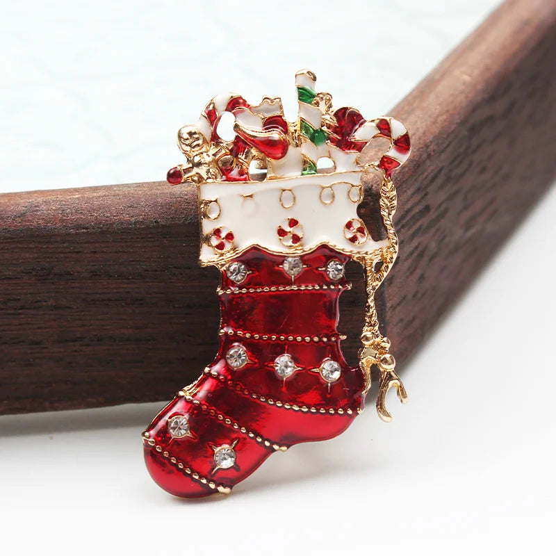 Fashion Cartoon Creative Rhinestone Dripping Oil Christmas Christmas Stocking Brooch Filled with Gifts
