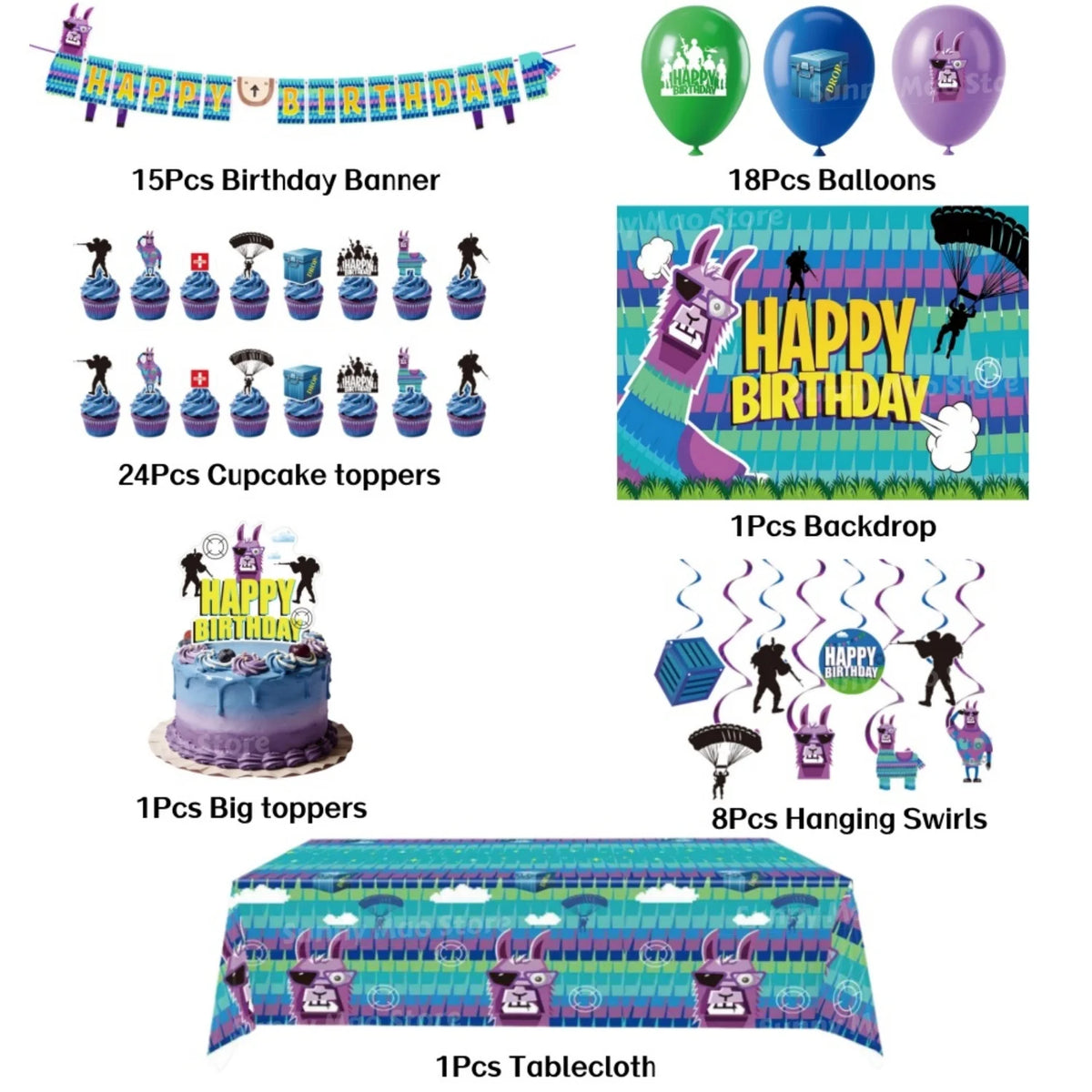 Fortnite Birthday Party Decoration Set for Boys Balloons Banner Cake Topper Tablecloth Backdrop Baby Shower Cartoon Alpaca Decor