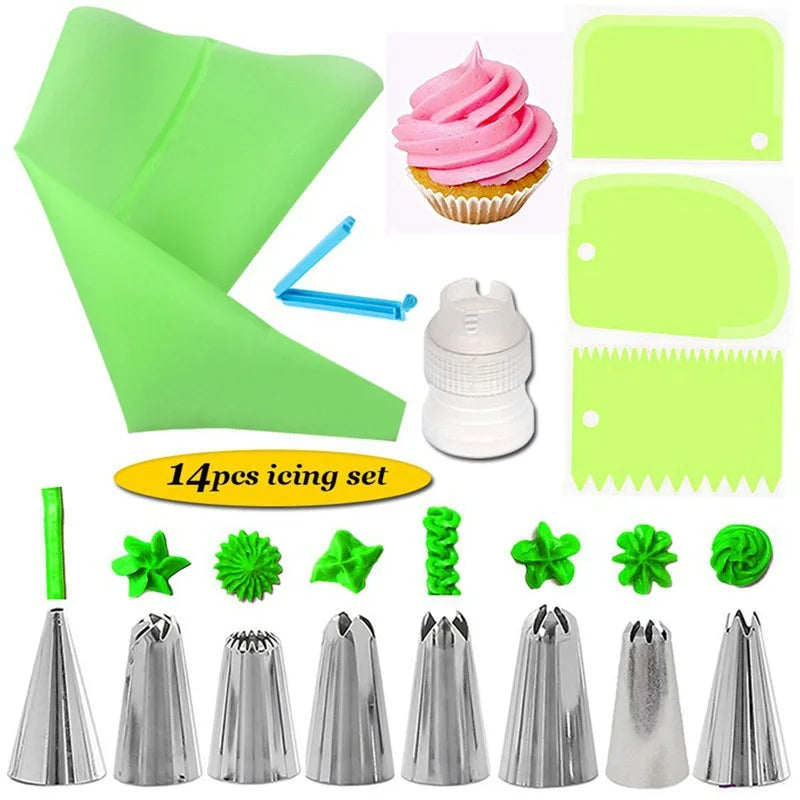14pcs Cake Decorating Kit Piping Tips Silicone Pastry Icing Bags Nozzles Cream Scrapers Coupler Set DIY Cake Decorating Tools