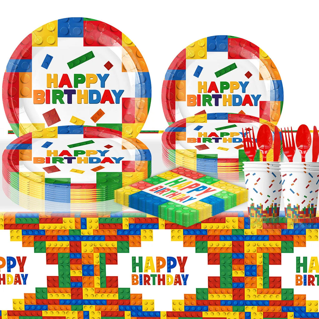 Kids Building Blocks Birthday Party Decoration Colorful Building Block Theme Party Supplies Kit Plates Cups Napkins Straw Ballon