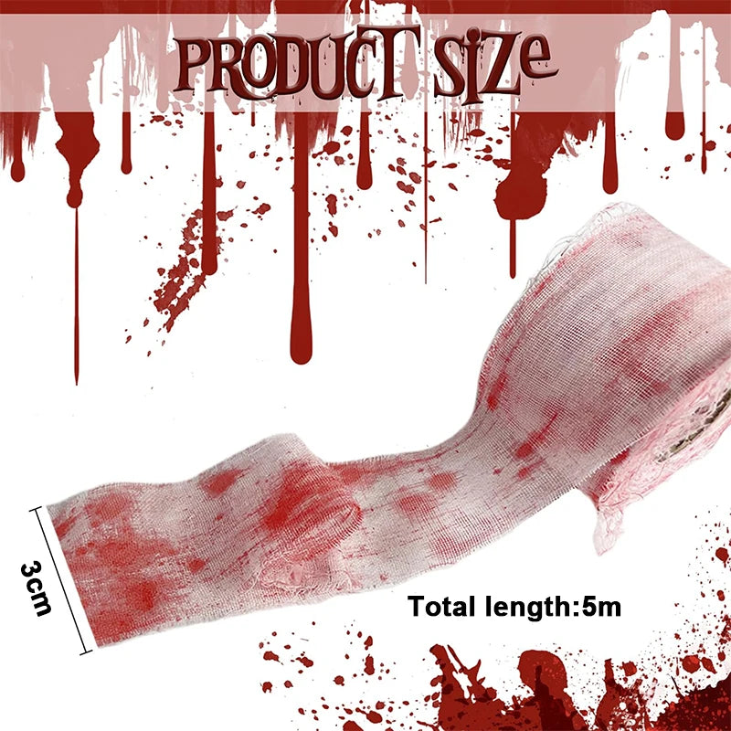 Halloween Bloody Crime Scene Tape Fake Blood Stained Gauze & Barrier Tape for Haunted House Decor