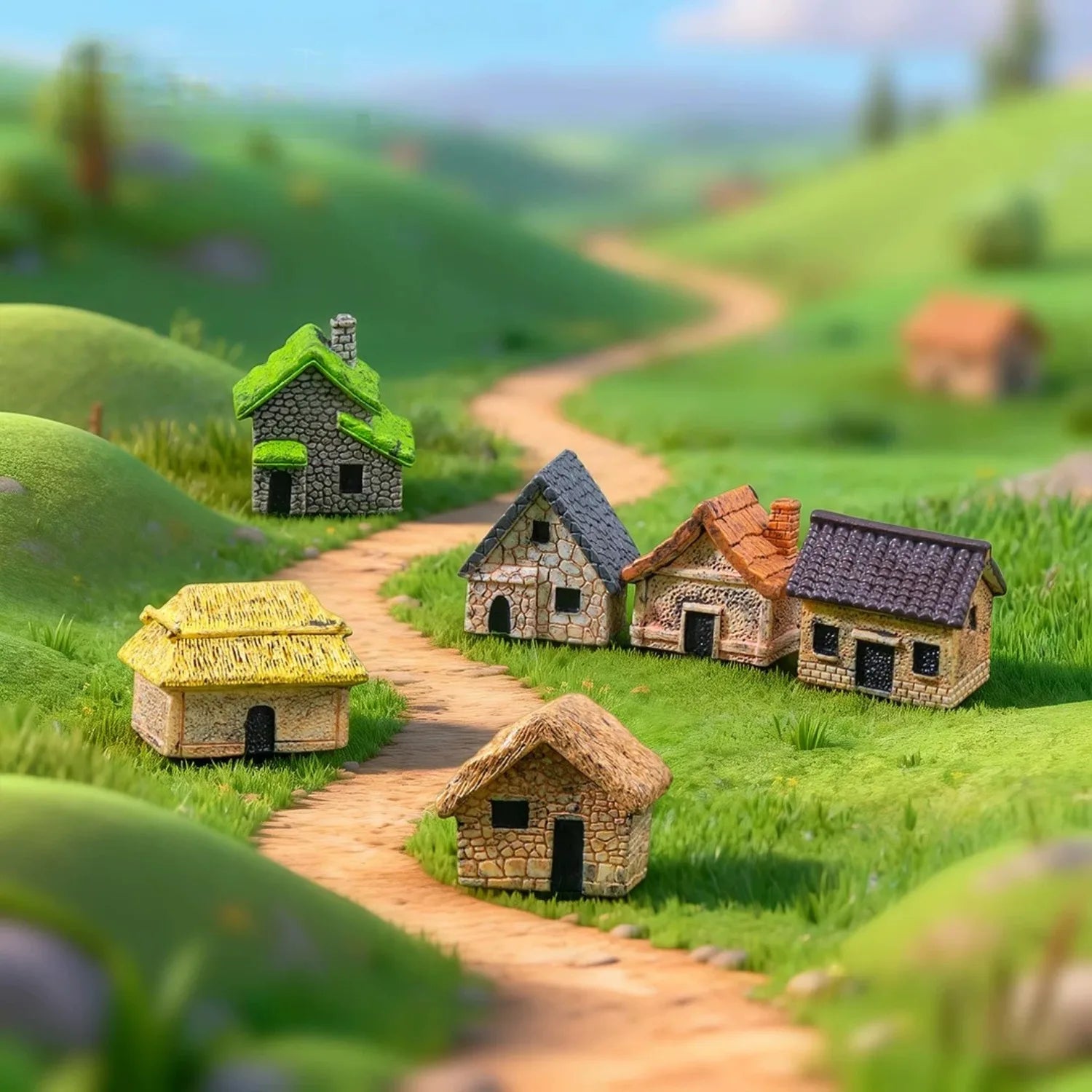 6Pcs Miniature Retro Village Thatched House Figurines, Mini Resin Cottage Ornaments for  Miniature Garden, Minihouse