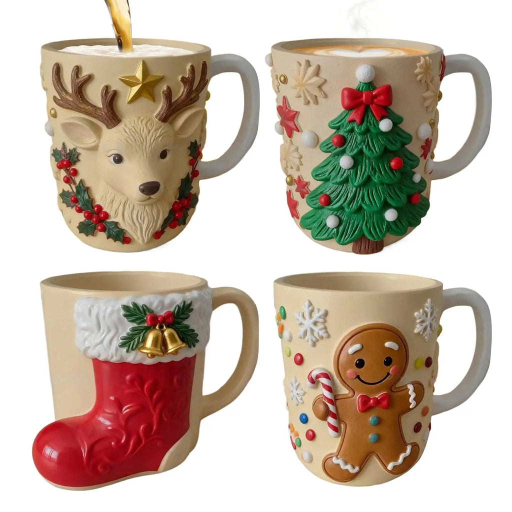 Cute Christmas Element Mugs Resin Christmas Elk Gingerbread Man Stockings Tree Christmas Decorations Holiday Coffee Mugs