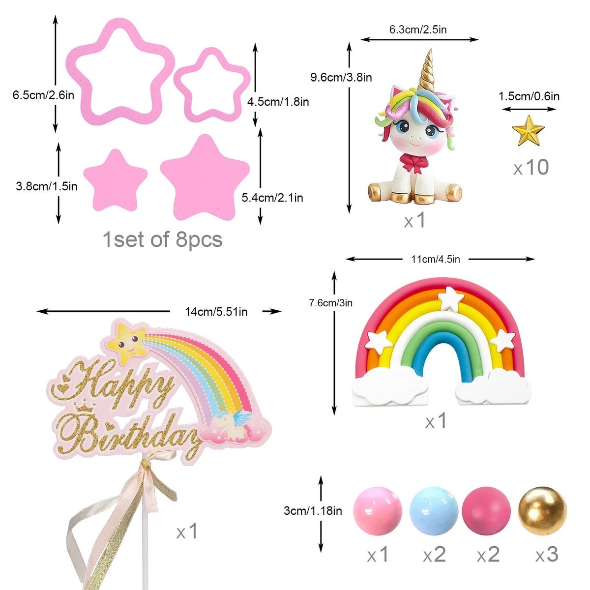 Unicorn Cake Topper Rainbow Cake Decorations with Stars Unicorn Balls Happy Birthday Cake Decorations for Ages Baby Shower