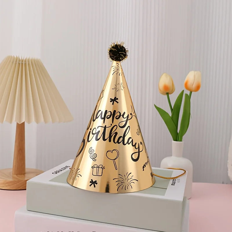 10pcs Birthday Party Hats Rose Red Gold Hairball Hats Festival Party Supplies Happy Birthday Headwear Cartoon Printed Paper Hat