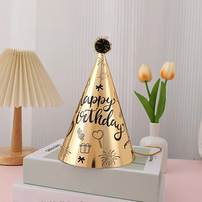 10pcs Birthday Party Hats Rose Red Gold Hairball Hats Festival Party Supplies Happy Birthday Headwear Cartoon Printed Paper Hat