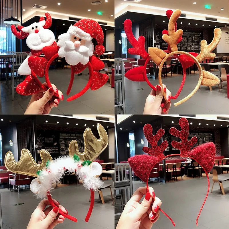 10PCS Christmas Decorations For Home Snowman Christmas Tree Bow Deer Horn Headband With Light Girl Children Party Headband