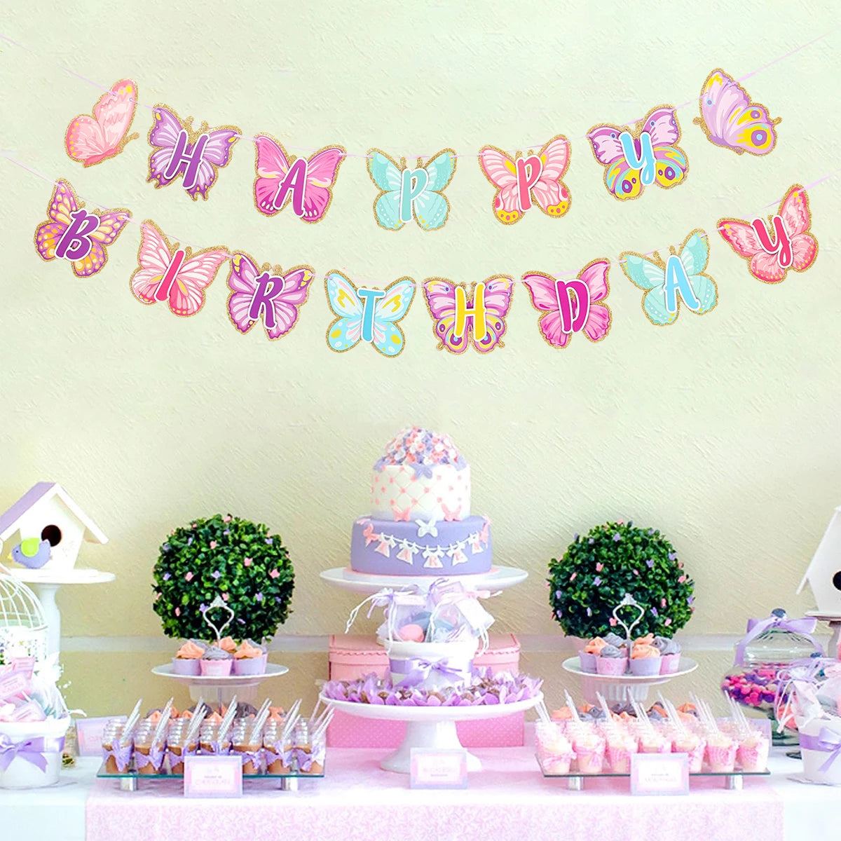 Pink Happy Birthday Banner With Butterfly Dancing Hanging Pendant Garlands  Princess 1st Happy Birthday Party Decorations