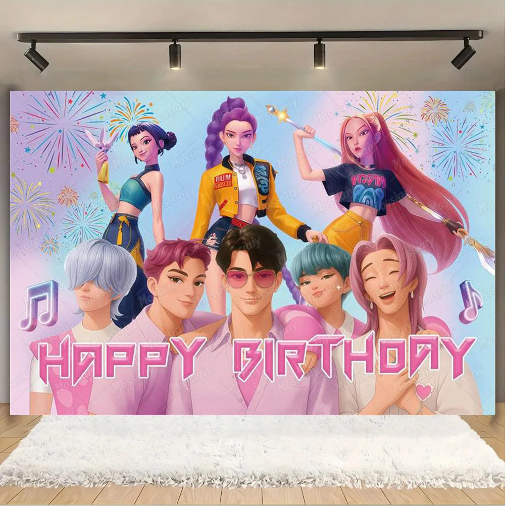 Kpop Theme Girl's Birthday Party Decoration Backdrop Pink Demons Kids Birthday Party Supplies Decor Banner Background Photo Prop