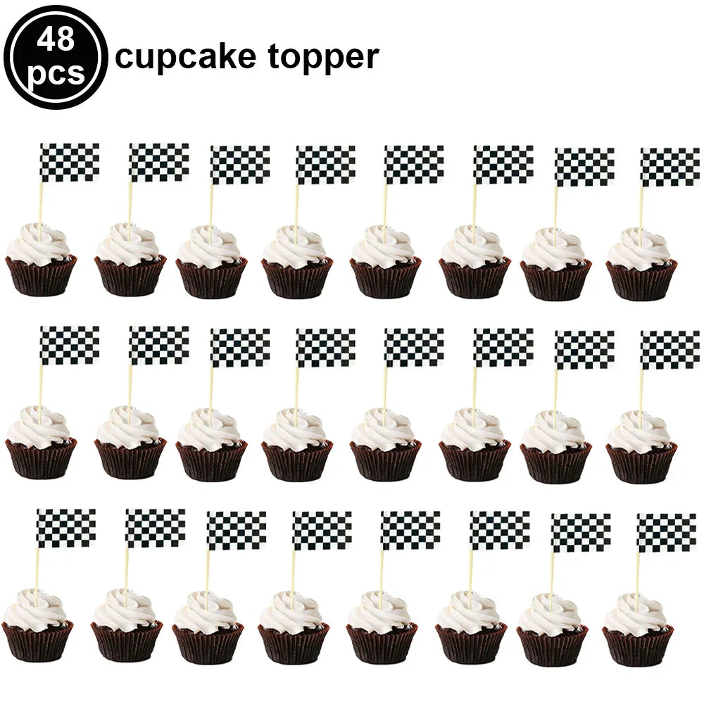 Wheel Racing Car Party Cake Decor Tire Cupcake Topper Mini Checkered Racing Flag Cupcake Toppers Racing Theme Party Supplies