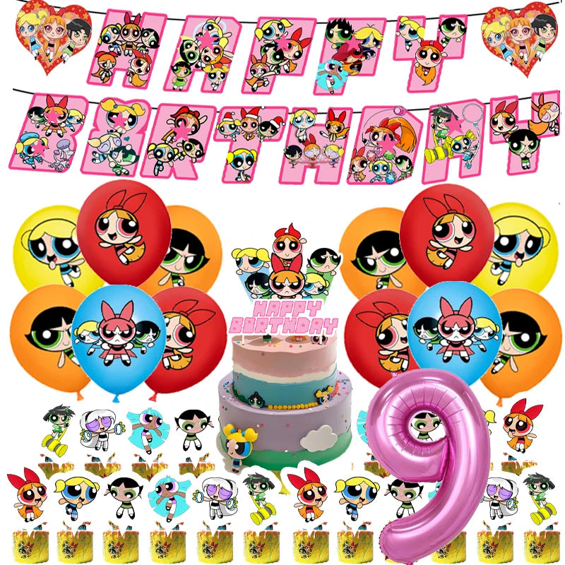 Cartoon Powerpuff Girls 1-9th Birthday Party Balloon Decoration Kit Number Foil Balloon Cake Topper Baby Shower Favors Globos