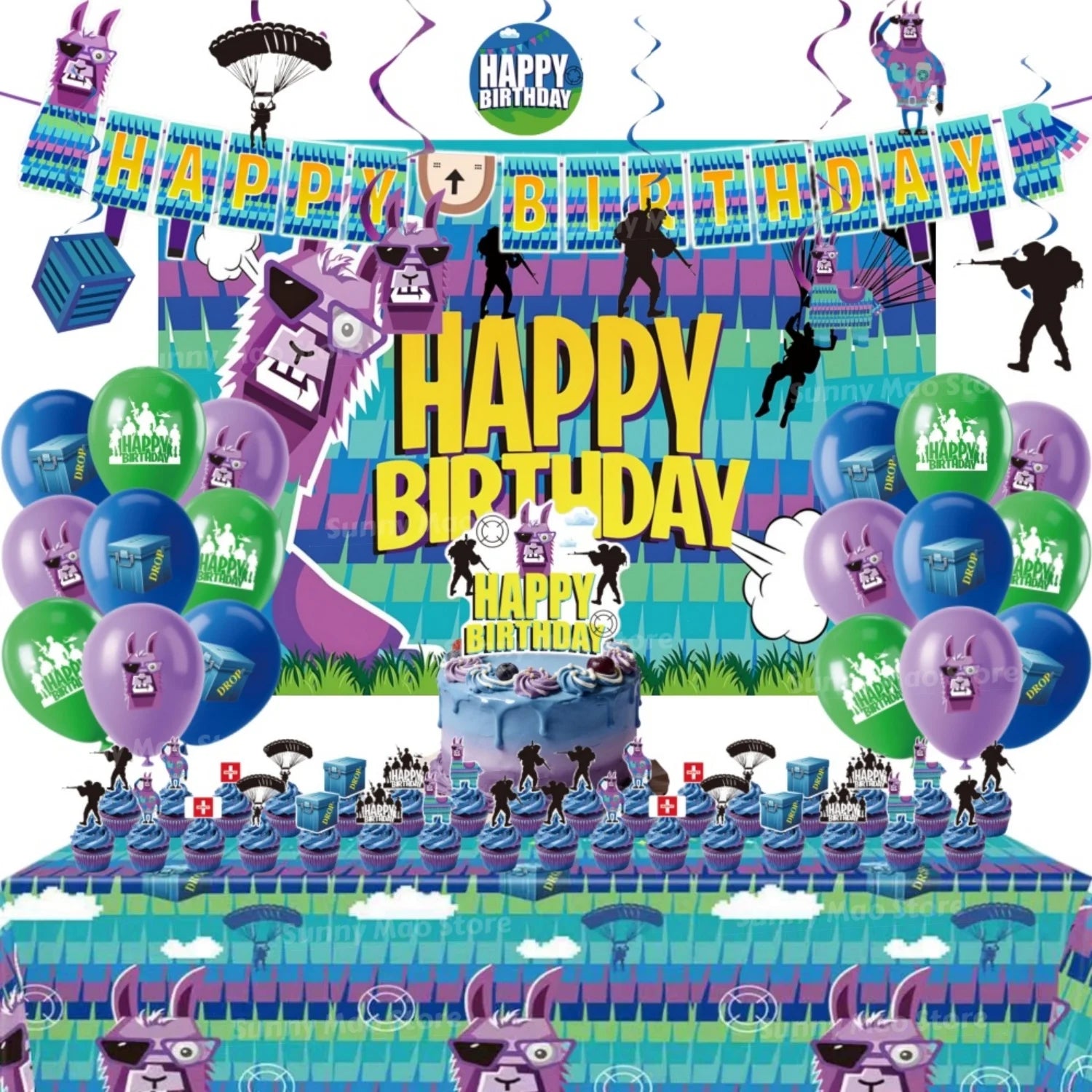 Fortnite Birthday Party Decoration Set for Boys Balloons Banner Cake Topper Tablecloth Backdrop Baby Shower Cartoon Alpaca Decor