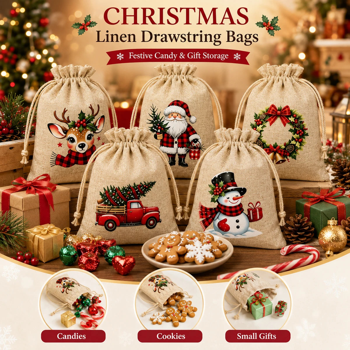 5/20/50PCS Reusable Christmas Drawstring Pouches 5 Festive Linen Look Bags for Candy, Cookies Gift Wrapping and Party Favors Gif