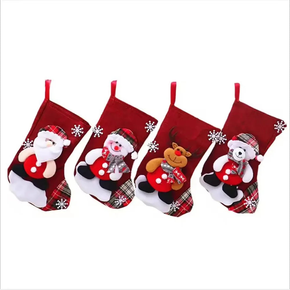 4 Christmas Stockings Socks Santa Snowman Hanging Xmas Tree Ornaments Christmas Decor for Home New Year Navidad Candy Gift Bags