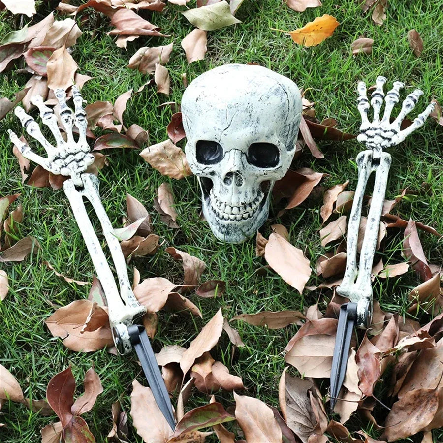 Halloween Decor Skeleton Head Outdoor Scary Props Realistic Skull Hands Yard Prank Festivals Party Supplies Garden Decorations