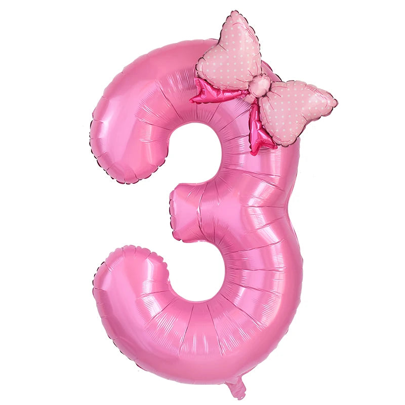 1Pc Large 40inch Number Pink Foil Balloon With Bow 1 2 3 4 5 6 7 8 9 For Kid Boys Girls Birthday Party Baby Shower Decorations