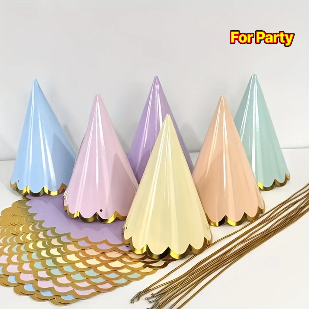 6pcs Elegant Themed Party Hats with Golden Ruffled Edges - Pastel Colors, Perfect for Weddings, Birthdays, Bridal Showers & More