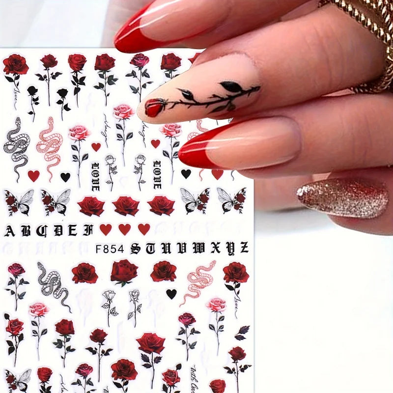 One Set2Valentine's Day nail decoration stickers，Featuring bright red roses and romantic love words，Incorporates elements of but