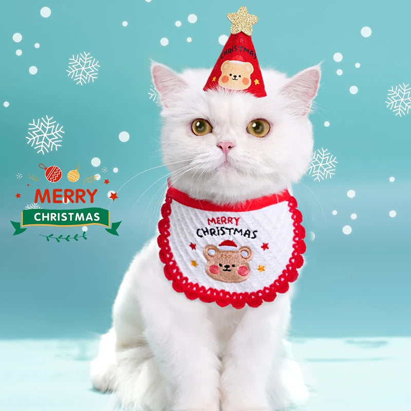 Christmas Pet Bibs Hats Bear Embroidered Felt Xmas Dog Costume Set Christmas Tree Hat for Cats Dogs Christmas Party Pets Supplie