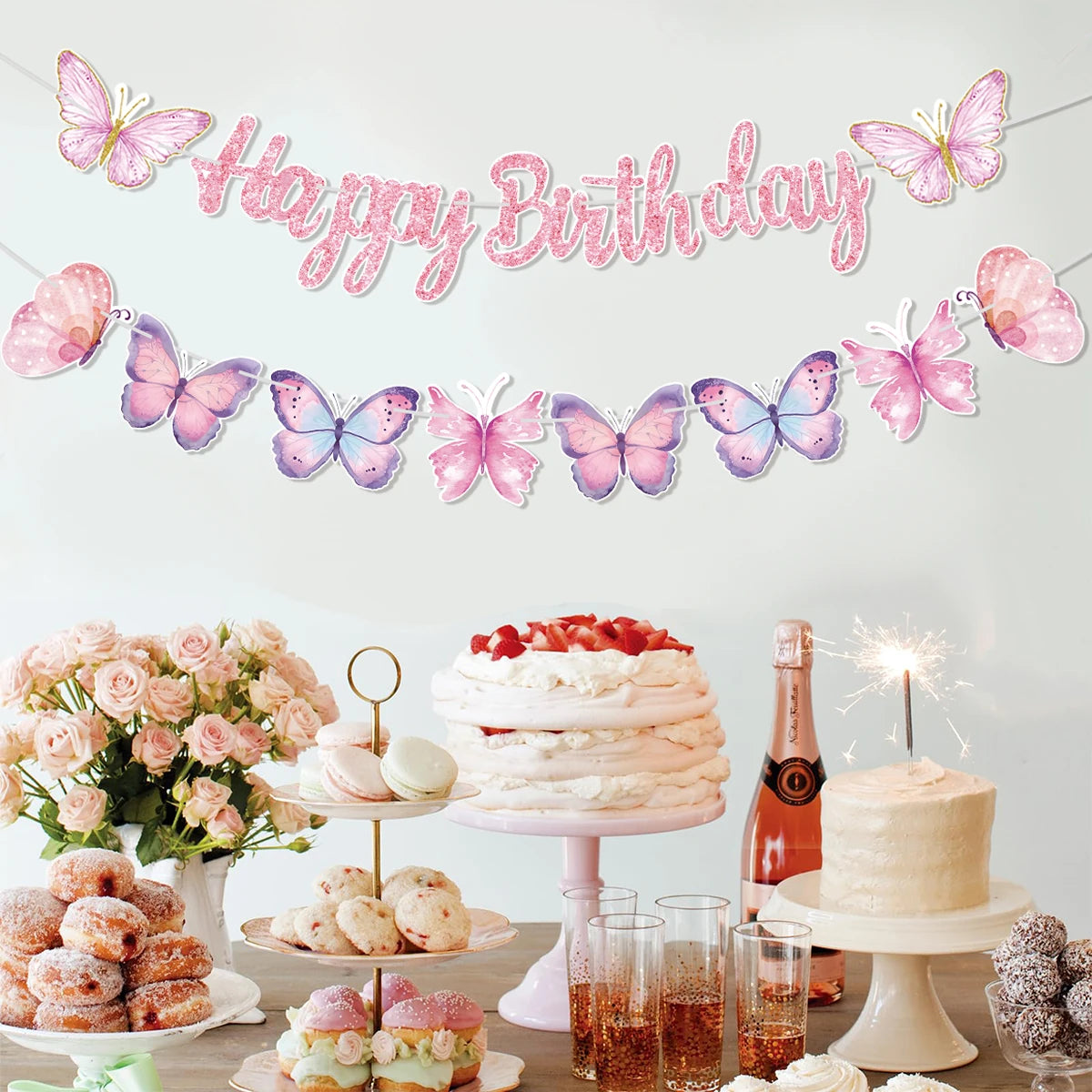 Pink Happy Birthday Banner With Butterfly Dancing Hanging Pendant Garlands  Princess 1st Happy Birthday Party Decorations